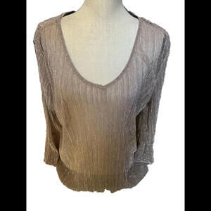 👚💛Adiva Beige Metallic Sheer Long Ruffled Sleeve V Neck Size M Top Shirt